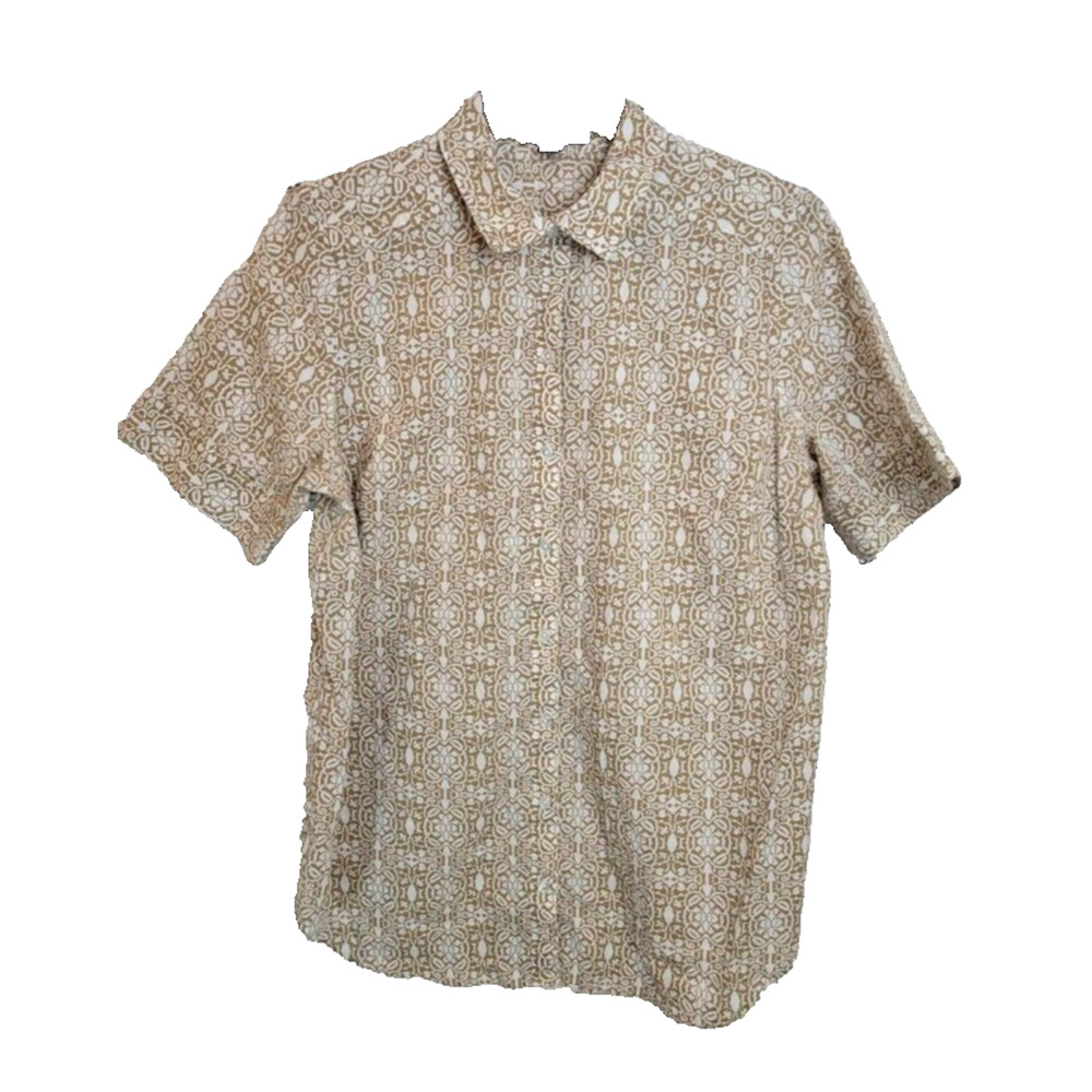 Roaman's Tan Baroque Print Short‎ Sleeve Button Down Shirt Womans Plus Size 16W